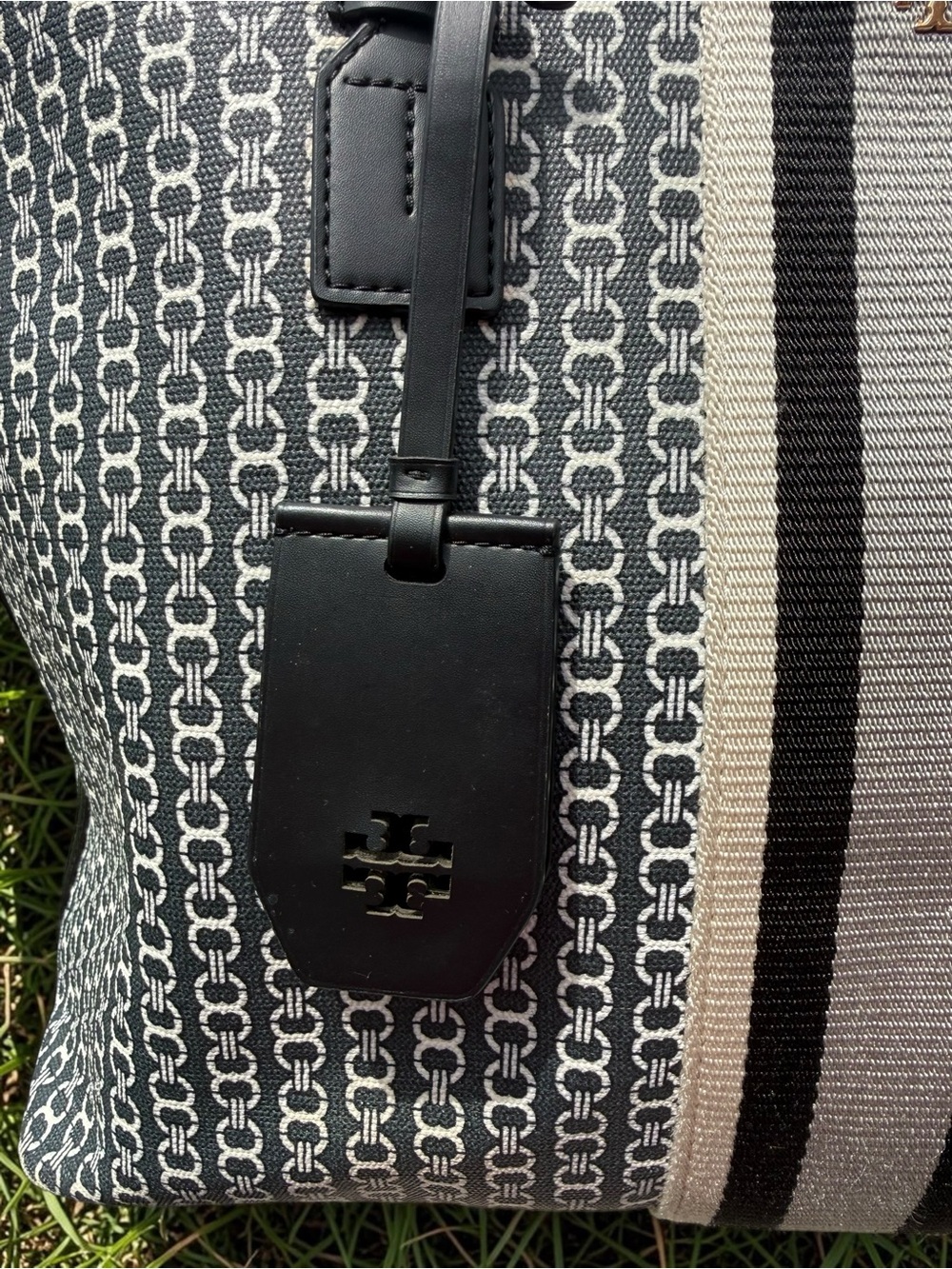 Tory Burch Black and White Logo Stripe Canvas Tote with Center Webbing - Picture 8 of 16